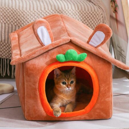 Orange Pet Indoor Villa Kennel, Plush Pet House Dog Cat Kennel- Gentlepuppy.com